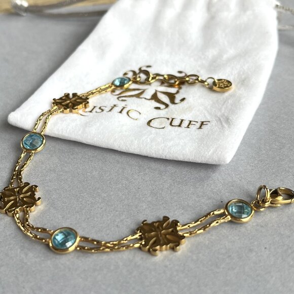 Rustic Cuff Logo and Aquamarine Blue Faceted Stones Clasp BraceletW/extender - Picture 1 of 3